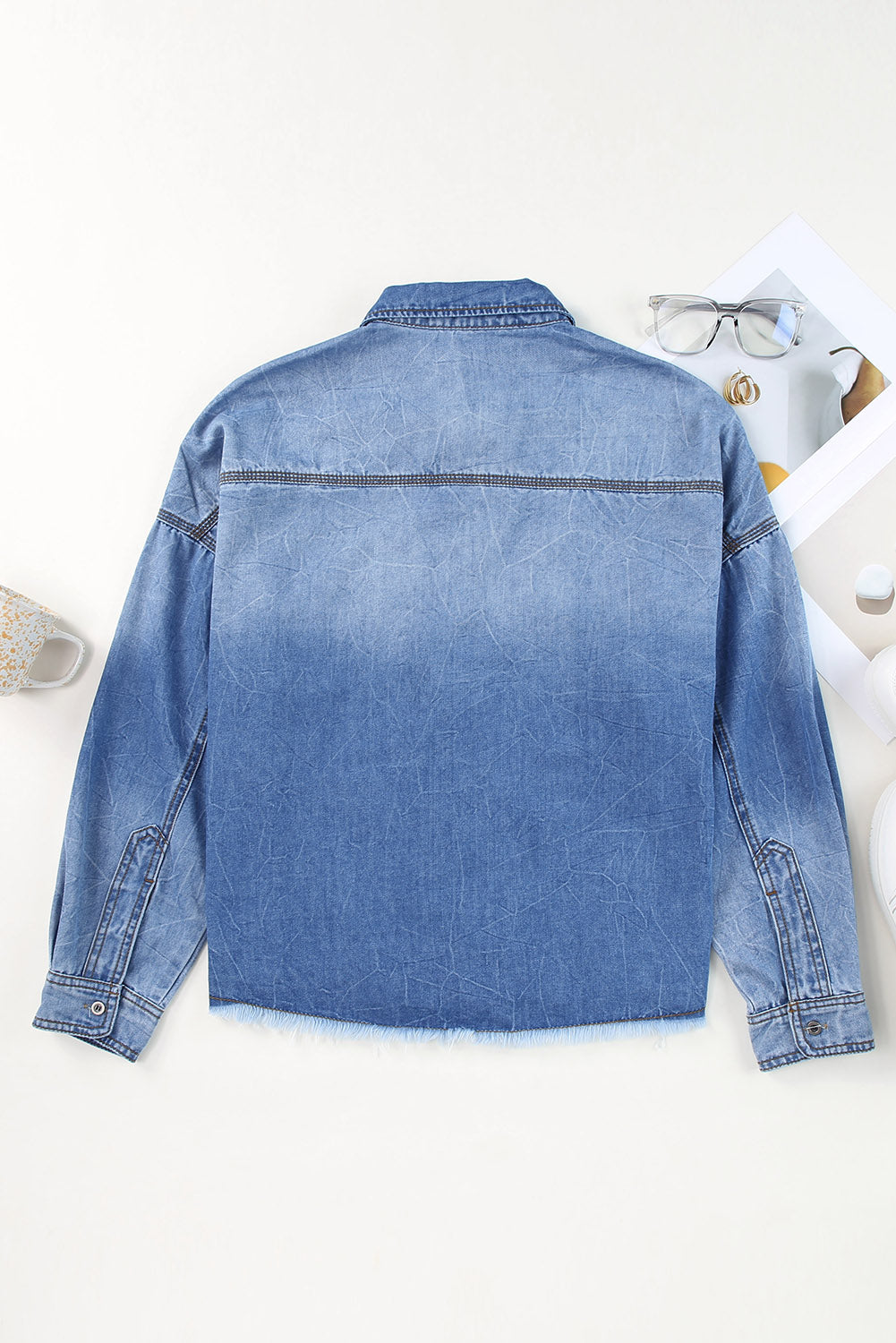 Sky Blue Sequin Denim Jacket with Flap Pockets and Raw Hem for Game Day