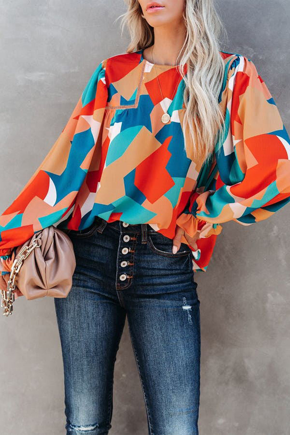 Multicolore Abstract Pattern Crewnack Clewle Sholeve Blouse