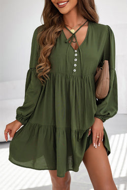 Green Ruffled Lace Button Mini Dress with Puff Sleeves and Tiered Skirts