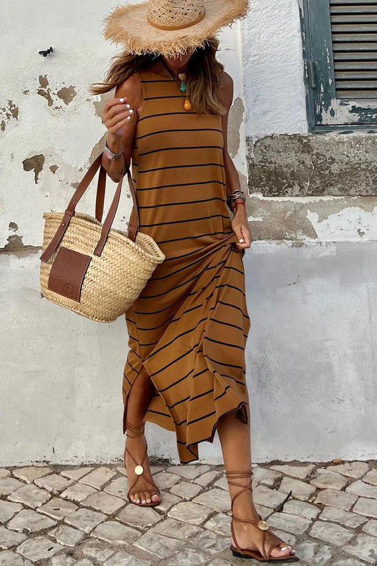 Brown Striped Print Sleeveless Backless Maxi Dress with Slits