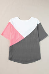 T-shirt with mid-long sleeve in embodied knitting color block pink strawberry