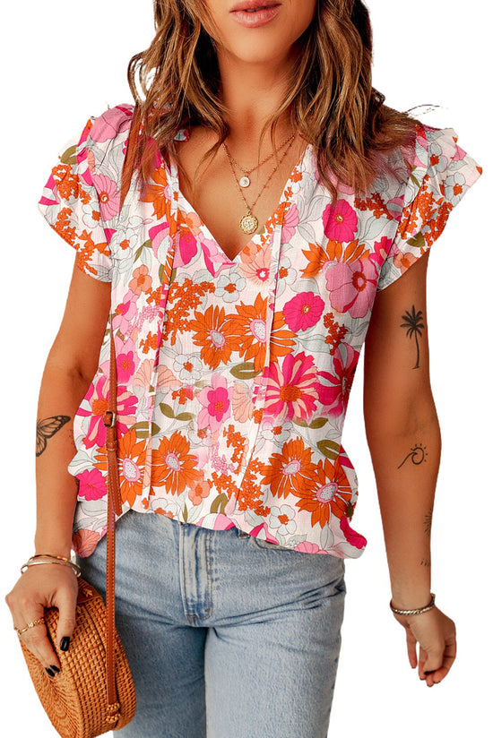 Blouse florale multicolore fendue à col en V et manches à volants