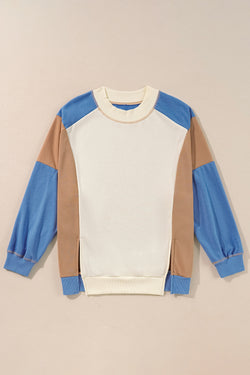 Sky blue baggy sweatshirt with color block sleeves and ribbed details