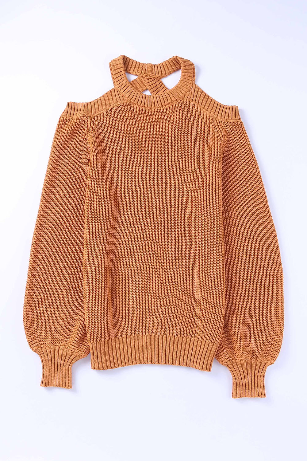 Brown crew neck sweater with off the shoulder back