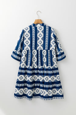 Blue geometric print v-neck ruffle dress