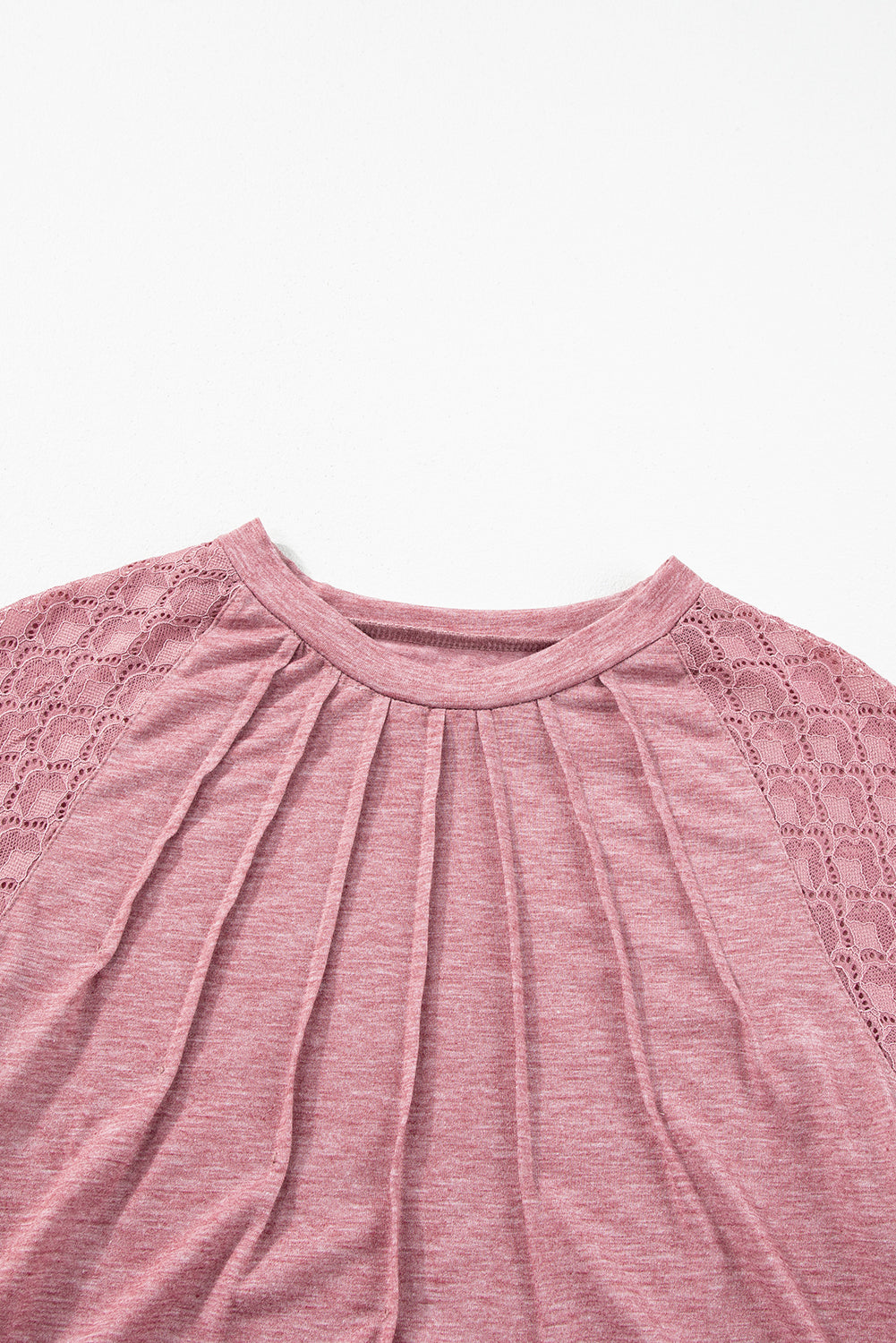 Rose Pink Contrast Lace Raglan Sleeve Plicate Round Neck Top