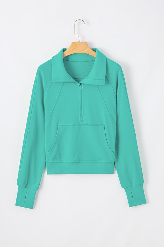 Aruba Blue Quarter Zip Sweatshirt with Stand Collar and Kangaroo Pocket