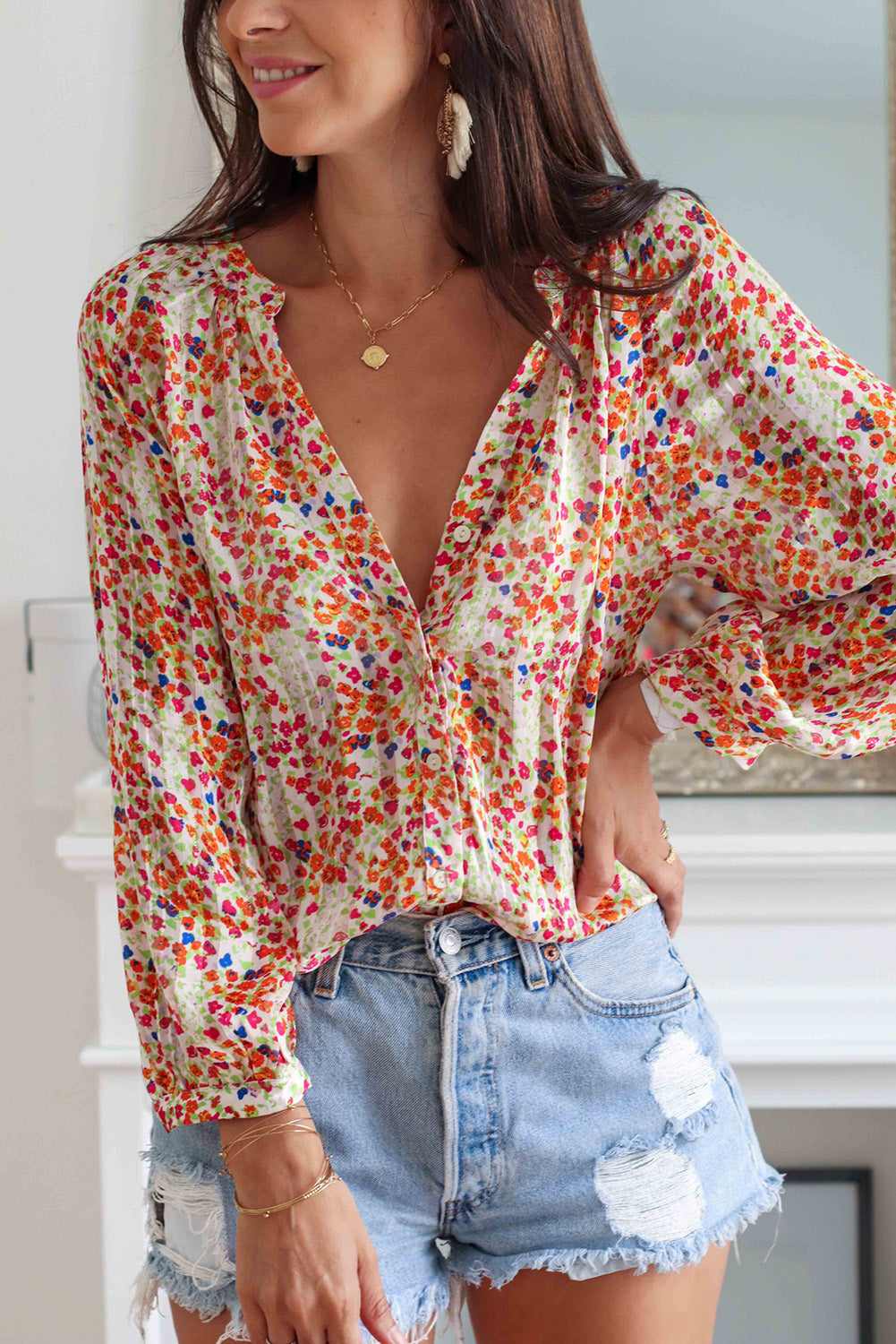 Multicolor Boho Floral Print Knopf Fronthemd