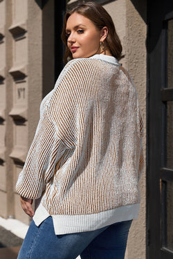 Ample textured knitting sweater with brown stripes with contrasting edges