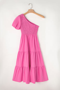 Asymmetrical midday dress with puffy sleeves and smocked bodice on several levels pink strawberry