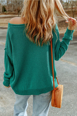 Green Solid Color Off Shoulder Ribbed Knit Sweater with Pocket