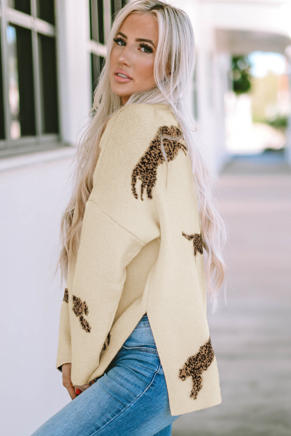 Parchment Lively - Cheetah Print High Neck Split Hem Sweater