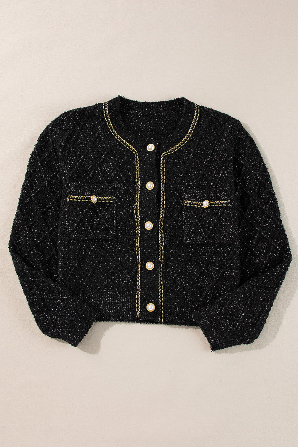 Black Sparkle Button Cardigan with Flap Pocket