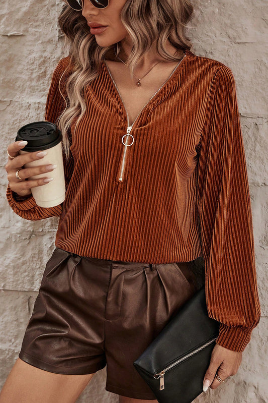 Chestnut Half Zip V Neck Ribbed Velvet Top