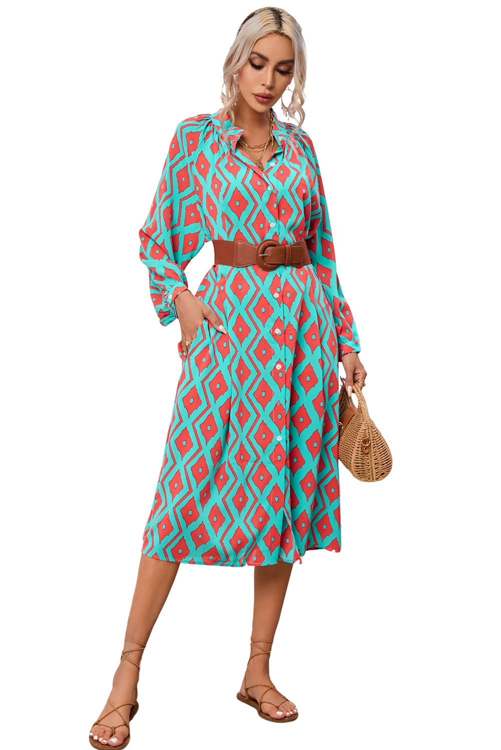 Sky Blue Western Geometric Print Split Buttoned Shirt Dress