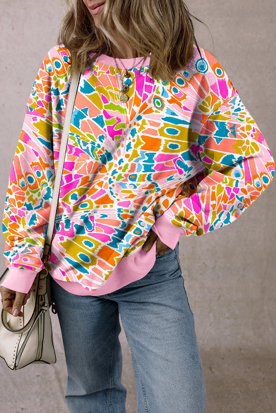 Pink Abstract Print Drop Shoulder Loose Sweatshirt