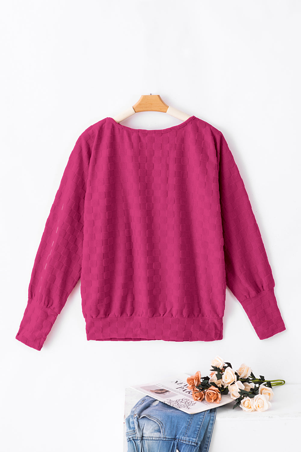 Bright Pink Checker Textured Dolman Sleeve Top