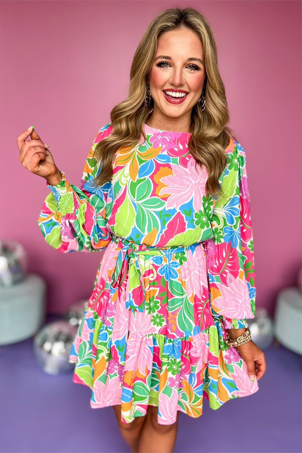 Green Multicolored Botanical Bubble Sleeve Mini Dress