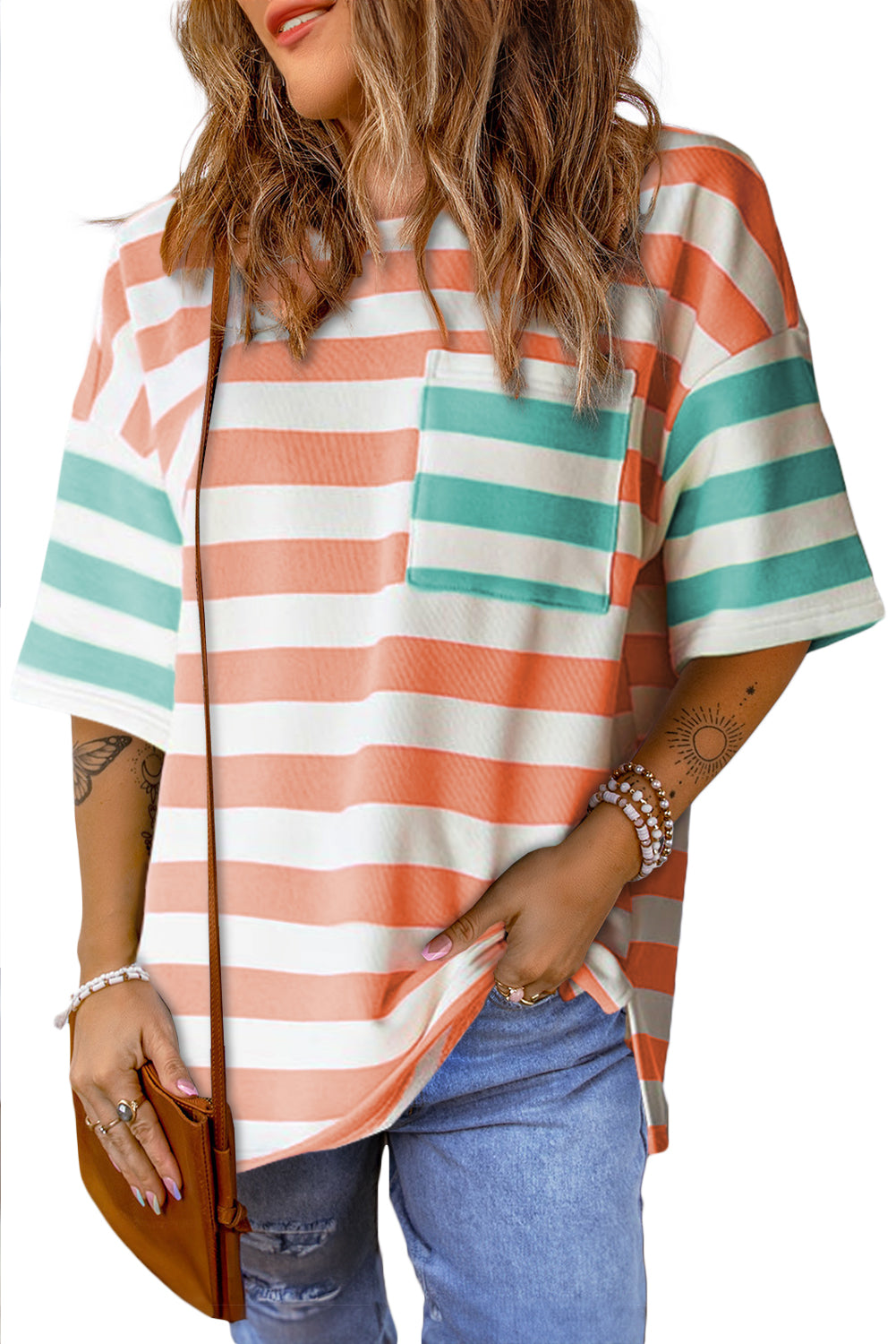 Orange Stripe Contrast Patch Pocket Drop Sleeve T Shirt