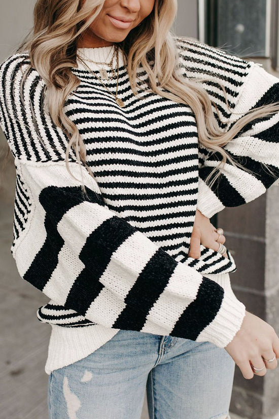 Black and white striped bishop sleeve drop shoulder knit sweater