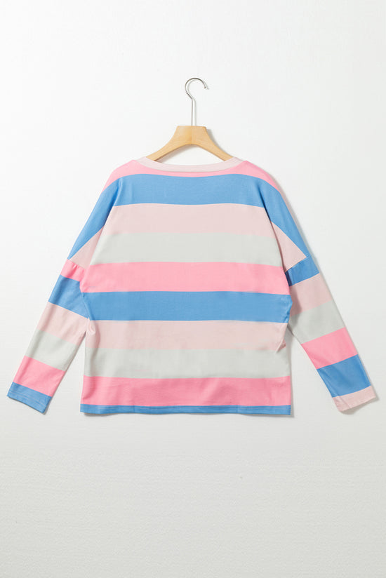 Pink Long Sleeve V-Neck Top with Contrast Stripes