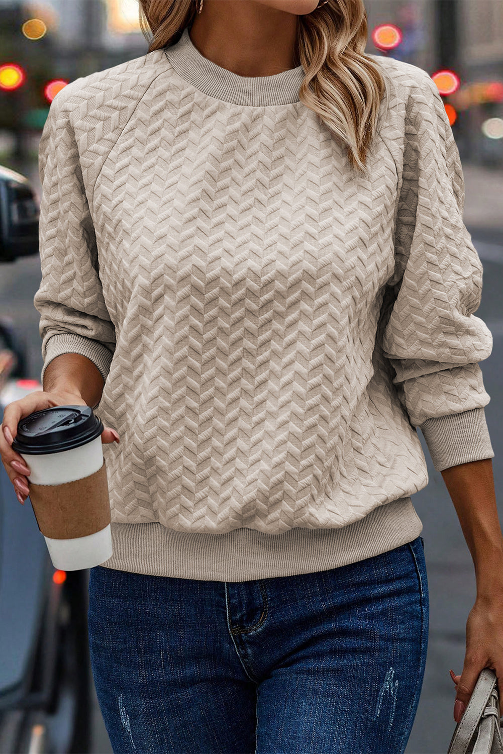 Beige solide strukturierte Raglan -Ärmelpullover Sweatshirt