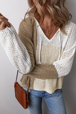 Lightweight V-neck sweater with openwork and knotted front in brown color block