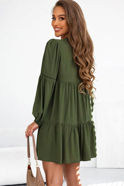 Green Ruffled Lace Button Mini Dress with Puff Sleeves and Tiered Skirts