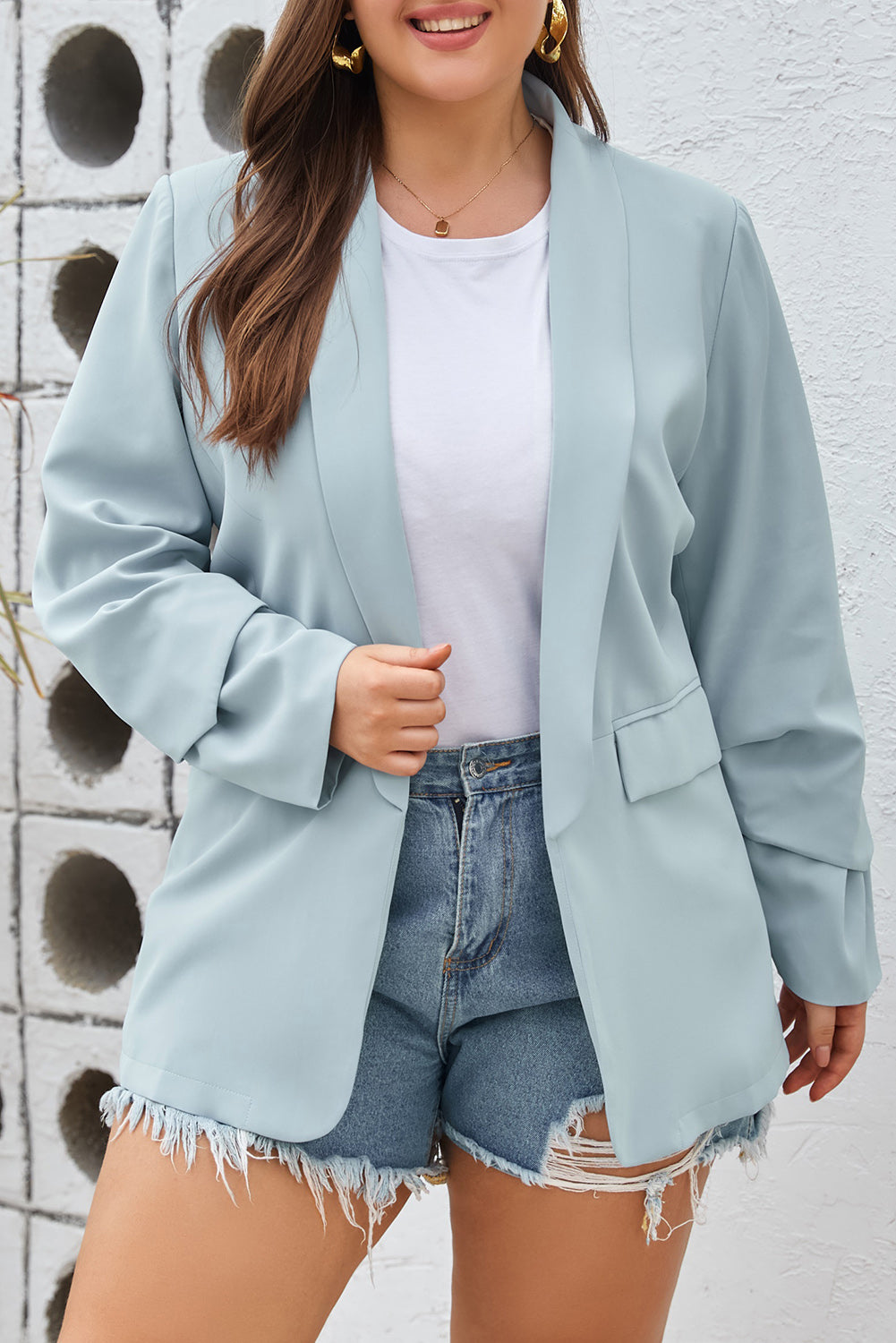 Sky Blue Plus size Blazer in tasca leggera leggera morbida