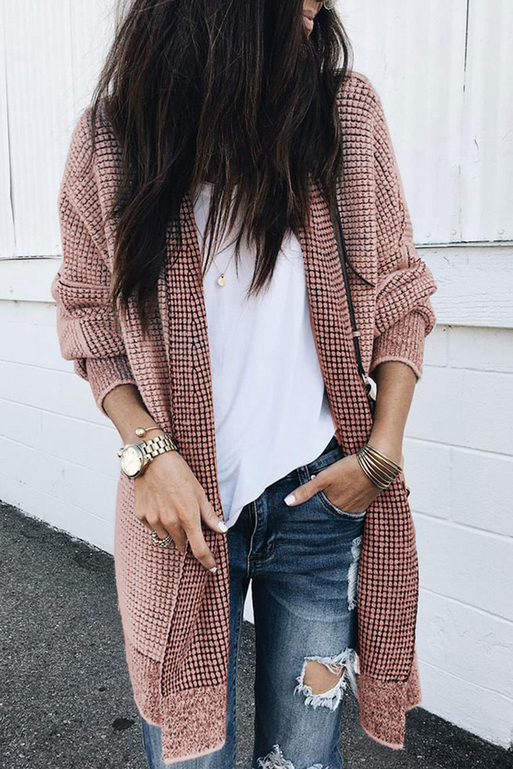 Pink Plaid Open Front Long Knitted Cardigan