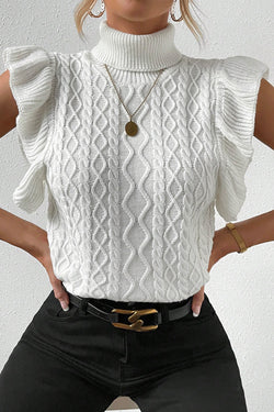 White ruffled sweater in twisted knitting with short sleeves and turtlenecks