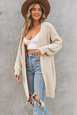 Long khaki open front cardigan with twisted sleeves