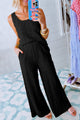 Black U-Neck Crinkle Tank Top and Wide Leg Pants Set