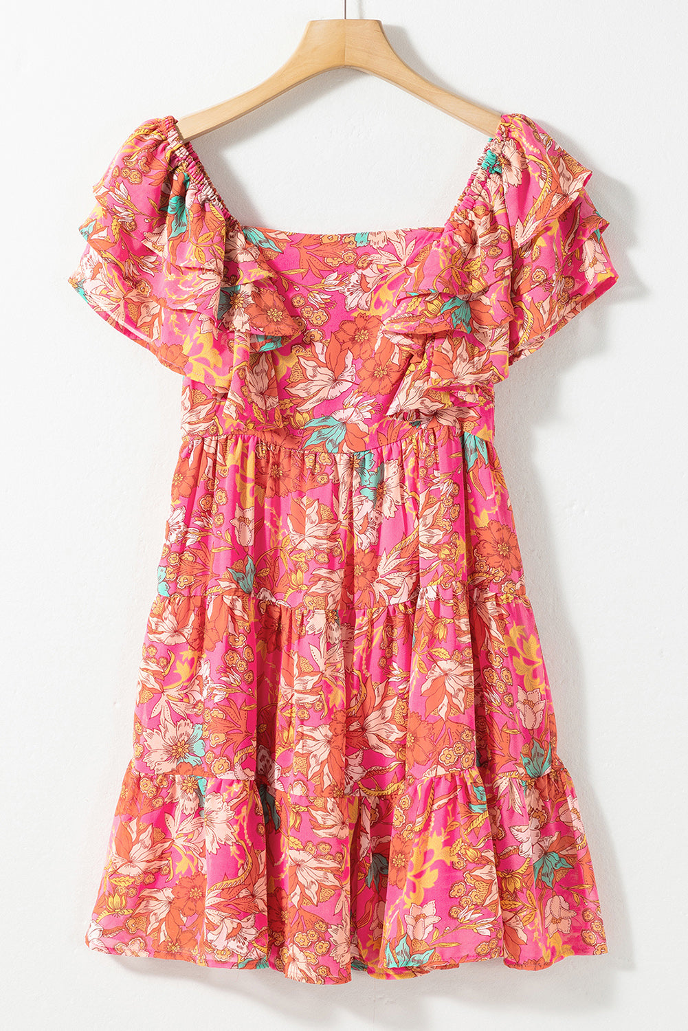 Pink floral dress with square neck and ruffled sleeves