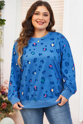 Sky Blue Leopard Ribbed Drop Shoulder Pullover Sweatshirt