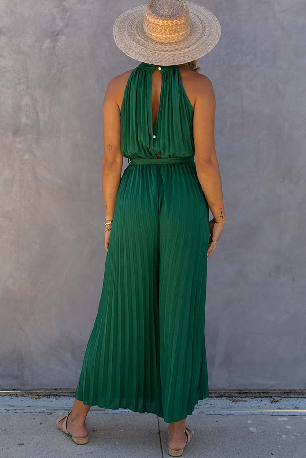 Green Pleated Halter Neck Wide Leg Jumpsuit with Belt