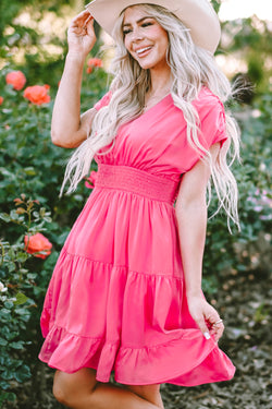 Strawberry pink dress with ruffles and gathered sleeves, V-neck, smocked waist