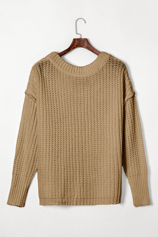 Thick and loose sweater in ribbed khaki with round neck