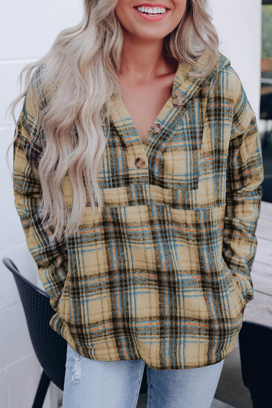 Khaki Plaid Hooded Sweatshirt with Pockets and Button-Down Collar