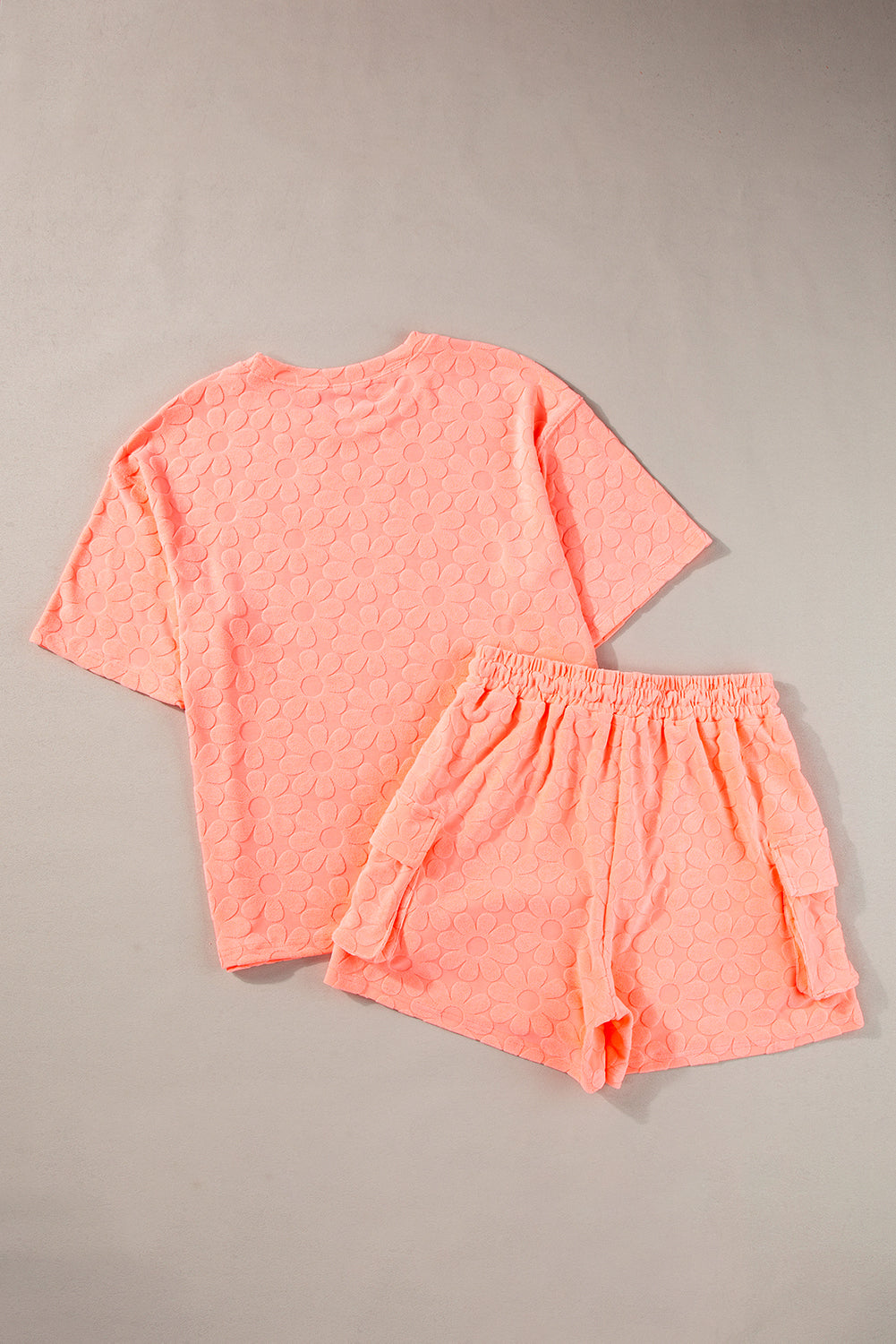 Grapefruit Orange Floral Textured Short Sleeve Top and Shorts Lounge Set