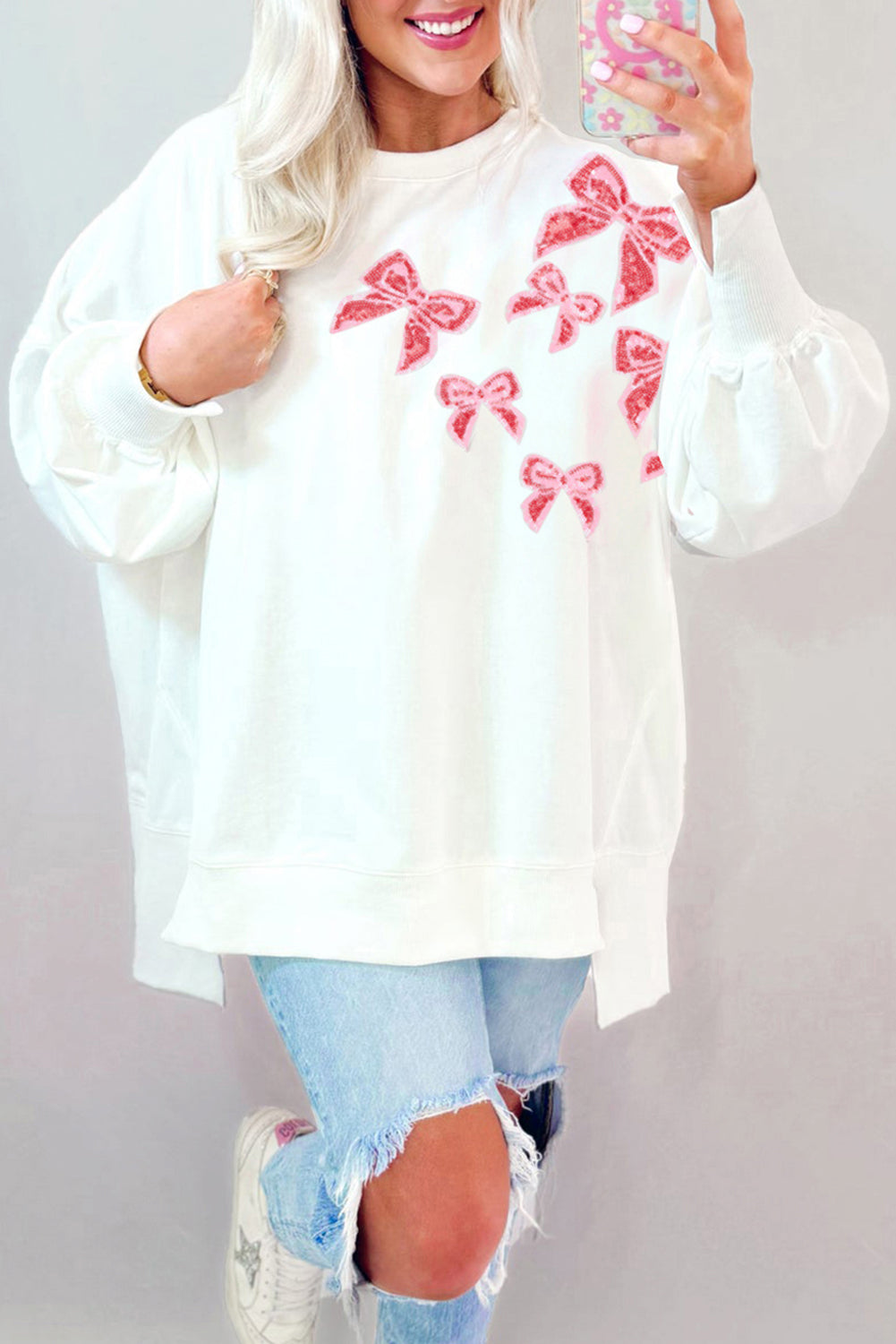 White Sequin Bowknot High Low Oversize Sweatshirt