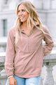 Apricot Ribbed Texture Half-Zip Crew Neck Sweatshirt