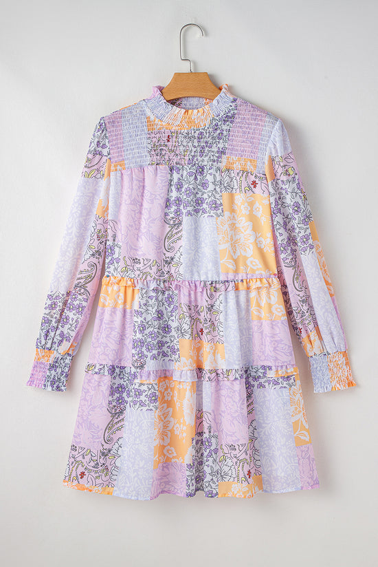 Multicolored floral smocked dress with high neck, ruffles and tiered puff sleeves