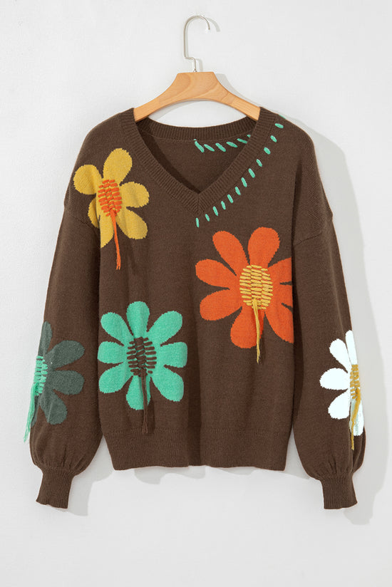 Pulp with drooping shoulders and V -collar with large coffee flowers pattern