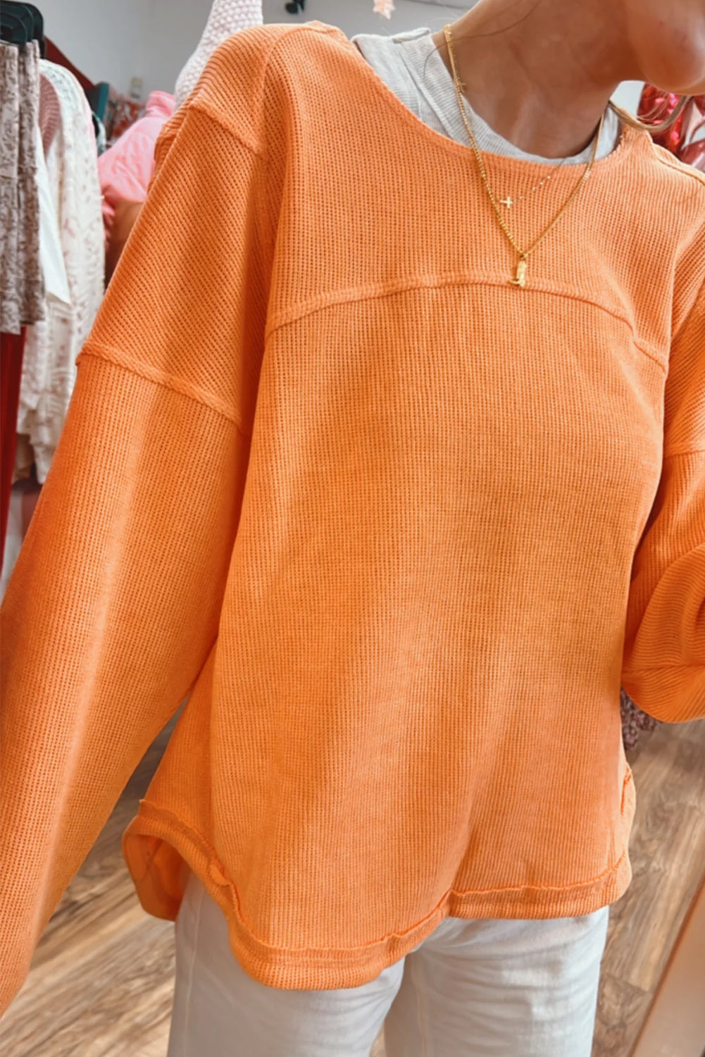 Grapefruit Orange Solid Color Textured Long Sleeve Top