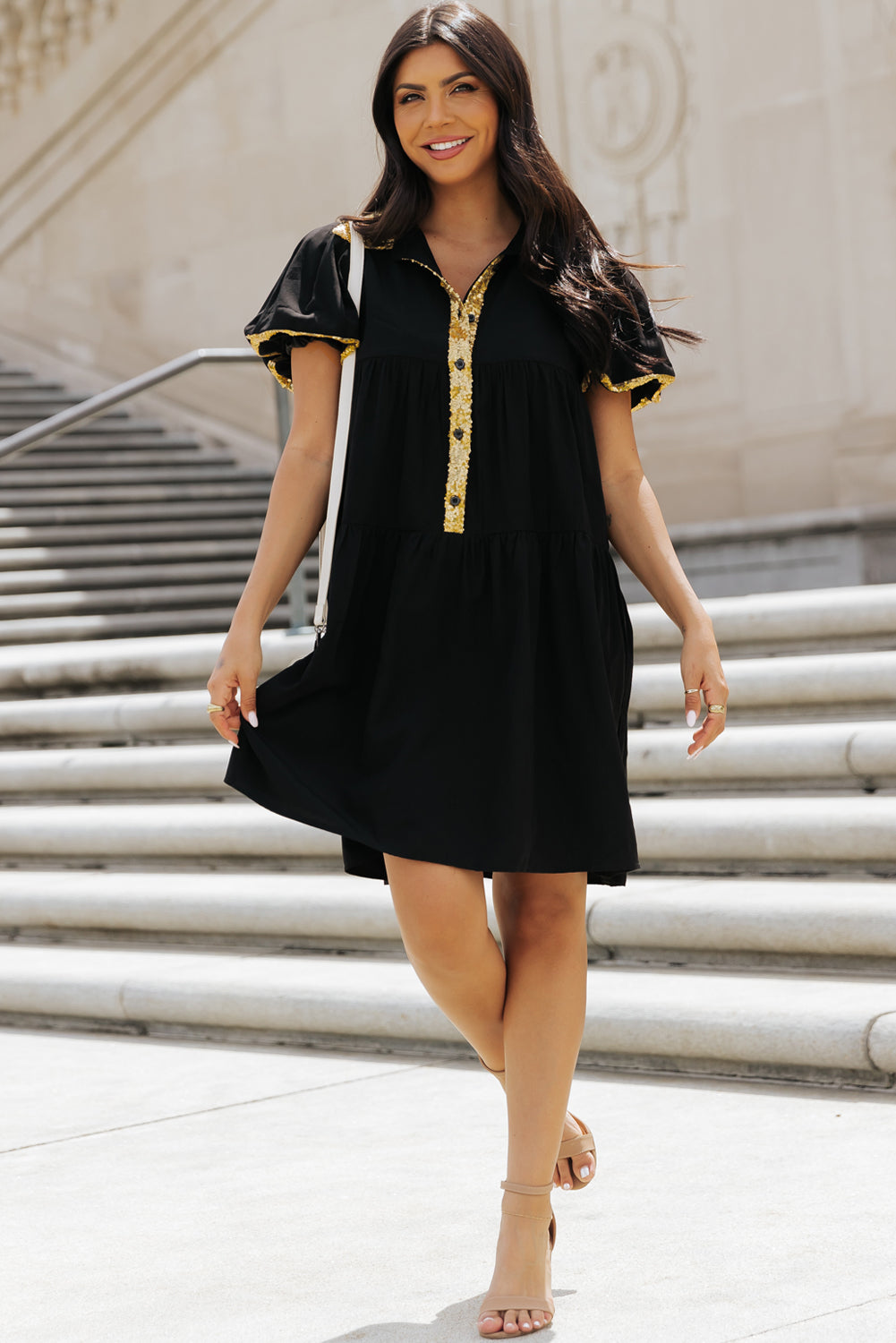 Vestido de camisa del día del juego de la manga de burbujas de lentejuelas negras