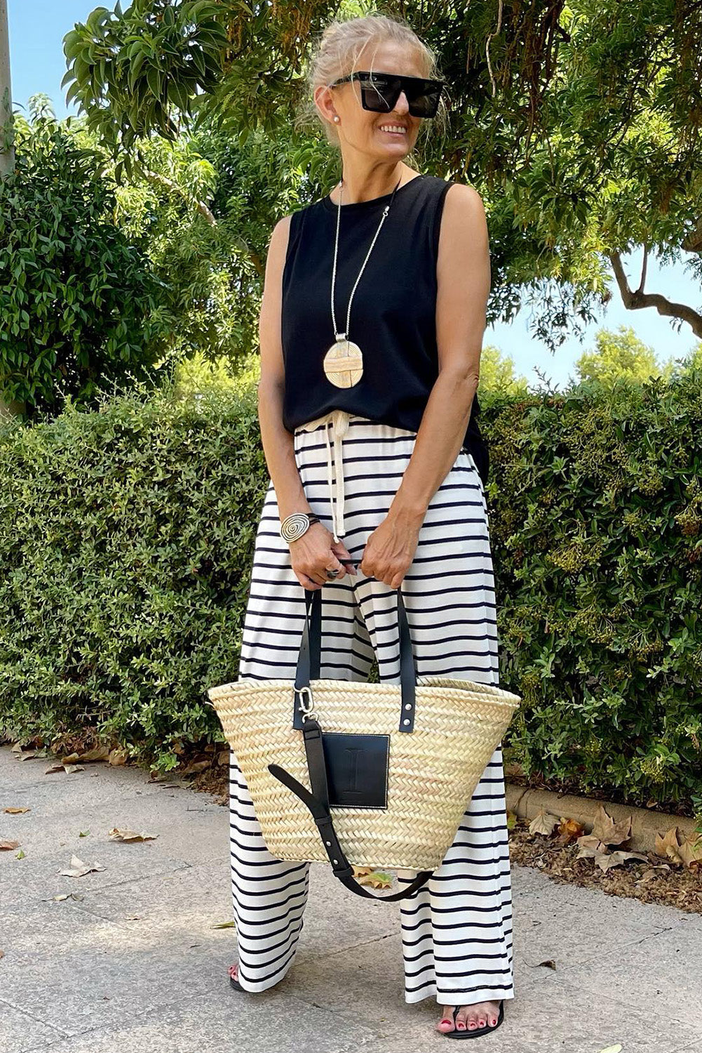 White striped wide leg pants with drawstring