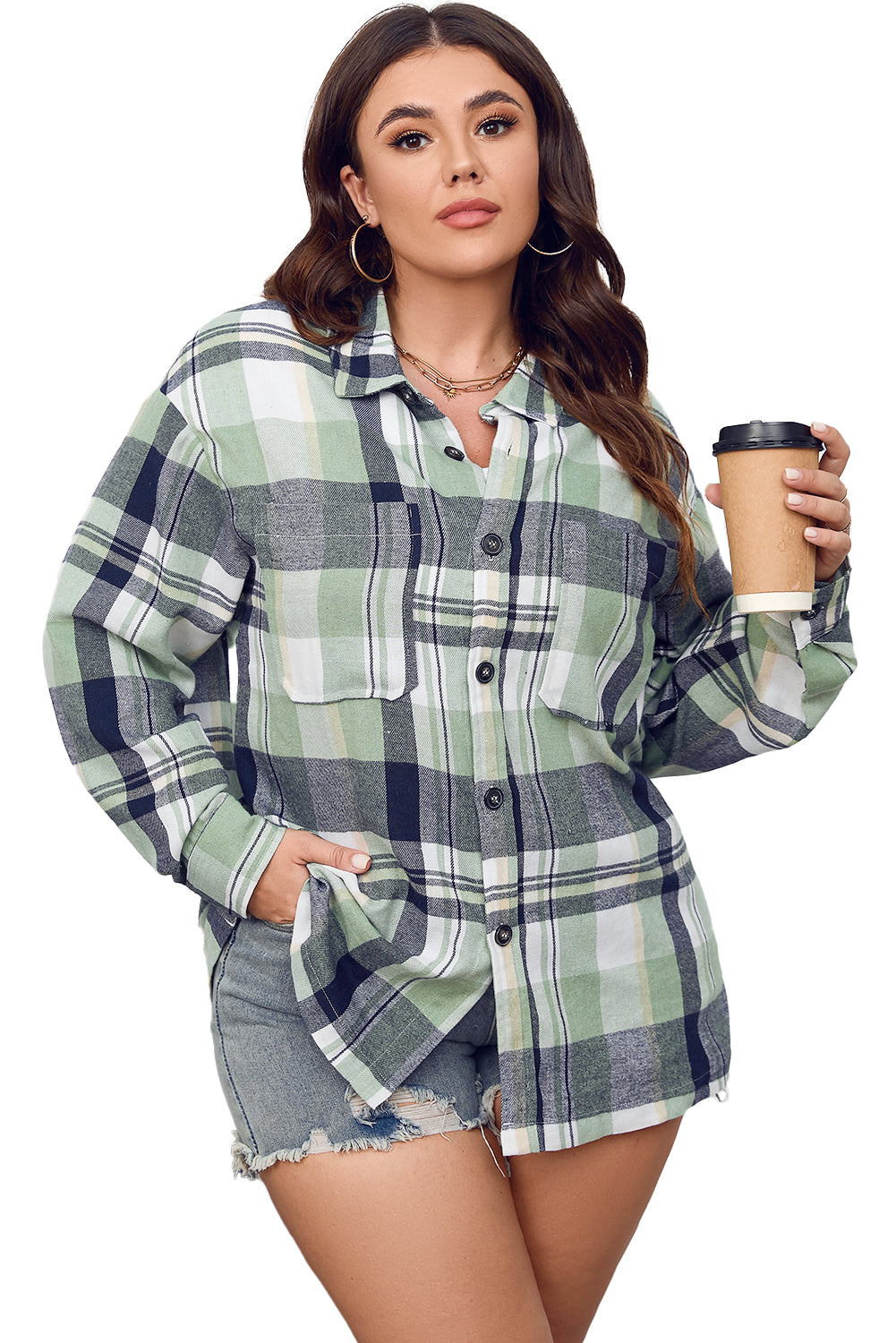 Green Printed Plus Size Chest Pocket Plaid Shirt