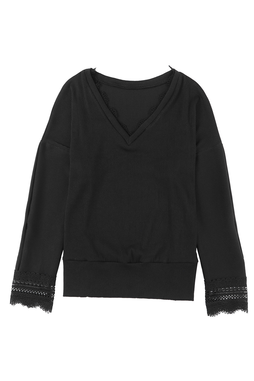 Top de manga larga con cuello en V y ribete de encaje con textura acanalada negro