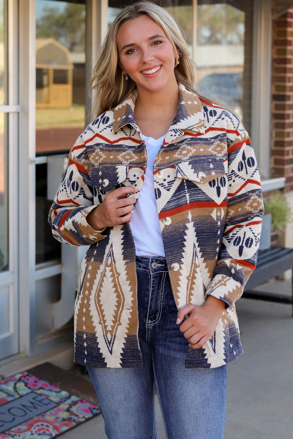 Oversized buttoned jacket with multi-colored Aztec print